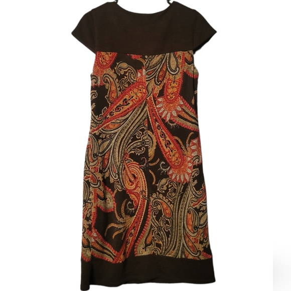 Sandra Darren Woman’s Brown Paisley Print Knee Length Cap Sleeves Dress 6 - Picture 2 of 6